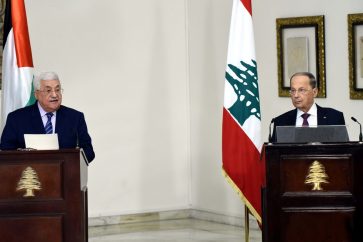 Lebanese President Michel Aoun receives Palestinian counterpart Mahmoud Abbas