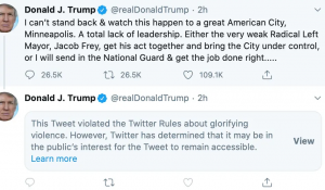 "Quand les pillages démarrent, les tirs commencent. Merci!", a écrit M. Trump dans un message pouvant être interprété comme une incitation aux forces de l'ordre à faire usage de leurs armes.