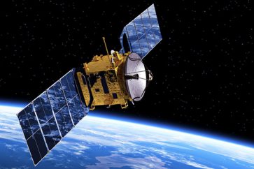 Communication Satellite Orbiting Earth. 3D Scene.