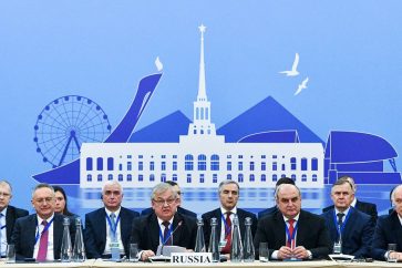 SOCHI, RUSSIA - FEBRUARY 17, 2021: Alexander Lavrentiev (C), Russia's Special Presidential Envoy for the Syrian Settelment, takes part in the 15th International Meeting on Syria in the Astana format. Yevgeny Biyatov/POOL/TASSÐîññèÿ. Ñî÷è. Ñïåöïðåäñòàâèòåëü ïðåçèäåíòà ÐÔ ïî ñèðèéñêîìó óðåãóëèðîâàíèþ Àëåêñàíäð Ëàâðåíòüåâ (â öåíòðå) íà XV Ìåæäóíàðîäíîé âñòðå÷å ïî Ñèðèè â "àñòàíèíñêîì ôîðìàòå" (ÌÂÑÀ-15). Åâãåíèé Áèÿòîâ/POOL/ÒÀÑÑ
