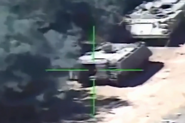 A screengrab of the video depicts Hezbollah's fighters targeting an Israeli military vehicle